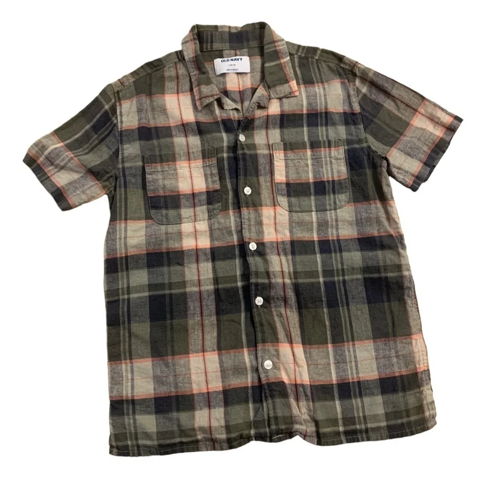 Old Navy | Plaid Short Sleeve Button Down Shirt Size Large (10-12) Army